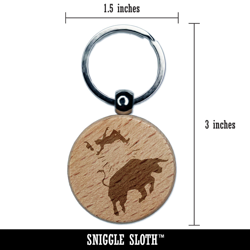 Rodeo Bull Bucking Throwing Cowboy Engraved Wood Round Keychain Tag Charm