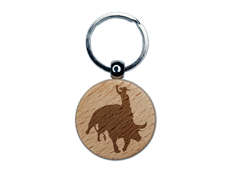 Rodeo Cowboy Riding on Bucking Bull Engraved Wood Round Keychain Tag Charm