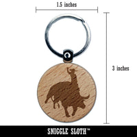 Rodeo Cowboy Riding on Bucking Bull Engraved Wood Round Keychain Tag Charm