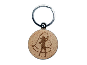 Rodeo Cowboy Woman Cowgirl Waving Lasso Around Engraved Wood Round Keychain Tag Charm