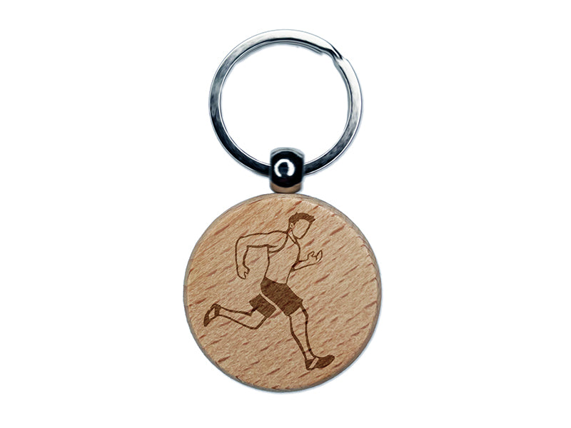 Running Man Fitness Exercise Marathon Workout Jogging Track and Field Engraved Wood Round Keychain Tag Charm