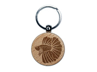 Siamese Fighting Fish Betta Splendens with Large Fins Engraved Wood Round Keychain Tag Charm