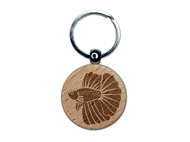 Siamese Fighting Fish Betta Splendens with Large Fins Engraved Wood Round Keychain Tag Charm
