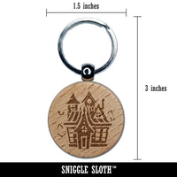 Spooky Scary Haunted House Mansion with Bats Broken Windows Engraved Wood Round Keychain Tag Charm