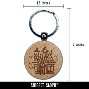 Spooky Scary Haunted House Mansion with Bats Broken Windows Engraved Wood Round Keychain Tag Charm