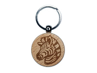 Striped Zebra Head Engraved Wood Round Keychain Tag Charm