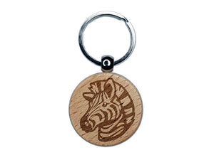 Striped Zebra Head Engraved Wood Round Keychain Tag Charm