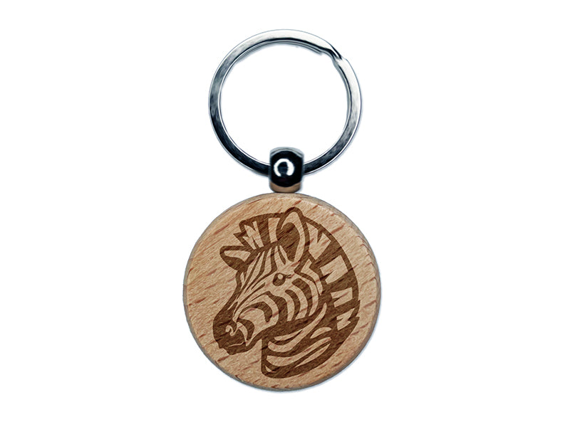 Striped Zebra Head Engraved Wood Round Keychain Tag Charm