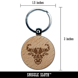 Stylized Tribal Bull Head with Nose Ring Engraved Wood Round Keychain Tag Charm
