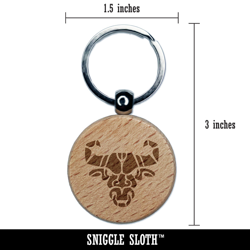 Stylized Tribal Bull Head with Nose Ring Engraved Wood Round Keychain Tag Charm
