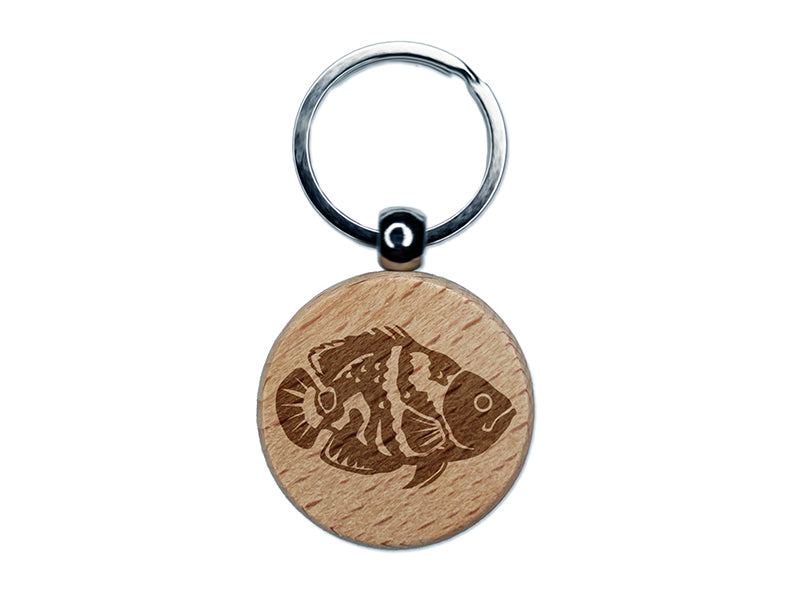 Tiger Oscar Cichlid Fish Engraved Wood Round Keychain Tag Charm