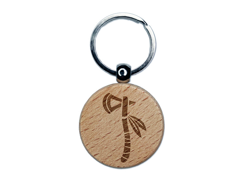 Tomahawk Native American Axe Tool Weapon Engraved Wood Round Keychain Tag Charm