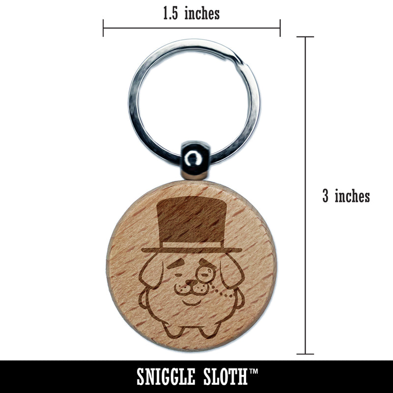 Weird Fancy Gentleman Dog Pup Top Hat Monocle Engraved Wood Round Keychain Tag Charm