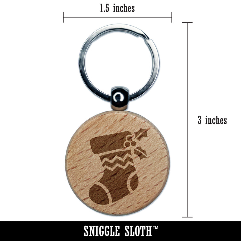 Christmas Stocking Holly Engraved Wood Round Keychain Tag Charm