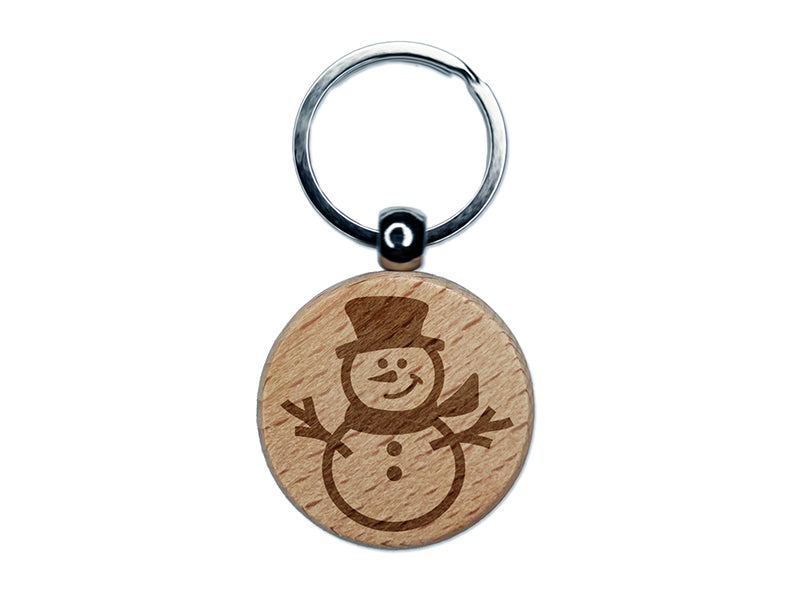 Smiling Snowman Winter Christmas Engraved Wood Round Keychain Tag Charm