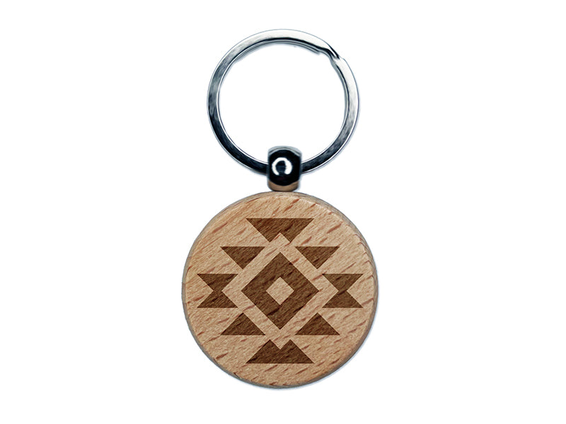 Southwest Pattern Shape Engraved Wood Round Keychain Tag Charm