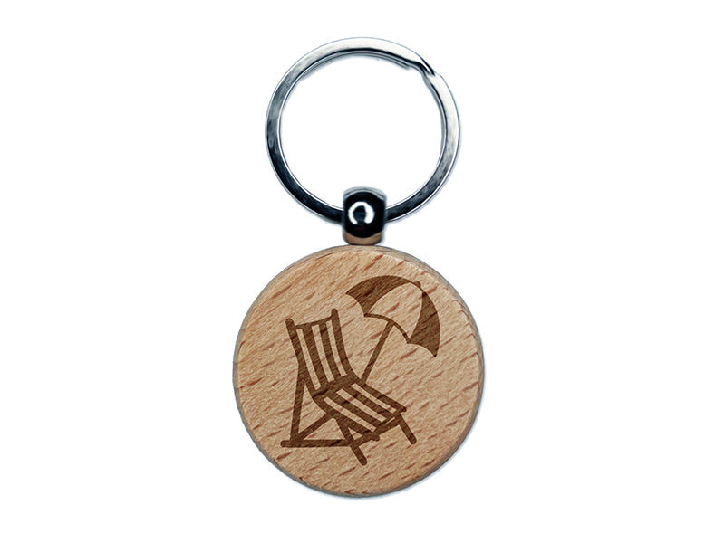 Beach Lounge Chair and Umbrella Engraved Wood Round Keychain Tag Charm