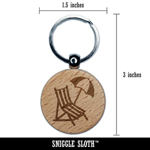 Beach Lounge Chair and Umbrella Engraved Wood Round Keychain Tag Charm