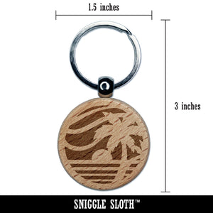 Beach Sunset Scene Tropical Ocean Engraved Wood Round Keychain Tag Charm