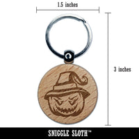 Jack-O'-Lantern Pumpkin Wearing Witch Hat Halloween Engraved Wood Round Keychain Tag Charm