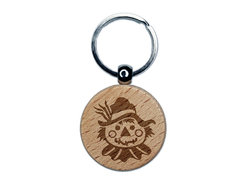 Scarecrow Head Fall Autumn Engraved Wood Round Keychain Tag Charm