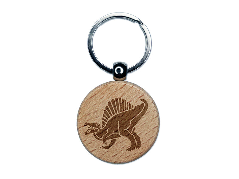 Spinosaurus Dinosaur Engraved Wood Round Keychain Tag Charm