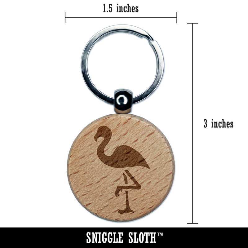 Standing Flamingo Engraved Wood Round Keychain Tag Charm