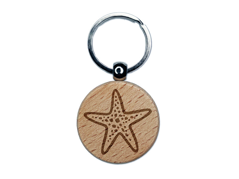 Starfish Sea Star Engraved Wood Round Keychain Tag Charm