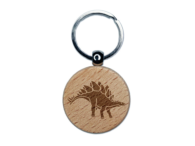 Stegosaurus Dinosaur Engraved Wood Round Keychain Tag Charm