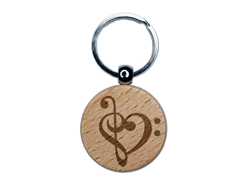 Treble Bass Clef Heart Music Love Engraved Wood Round Keychain Tag Charm