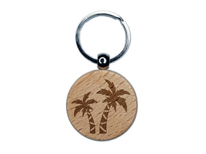 Two Palm Trees Tropical Engraved Wood Round Keychain Tag Charm