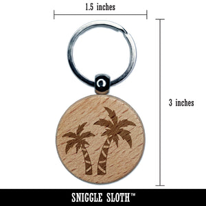 Two Palm Trees Tropical Engraved Wood Round Keychain Tag Charm