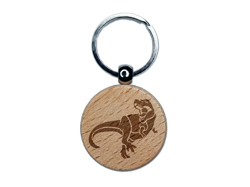 Tyrannosaurus Rex Dinosaur Roaring Engraved Wood Round Keychain Tag Charm