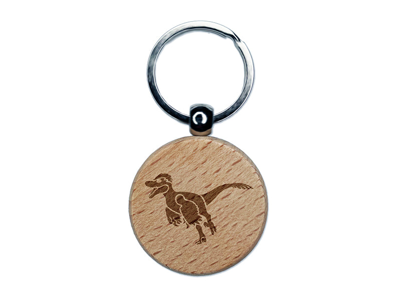 Velociraptor Dinosaur Running Engraved Wood Round Keychain Tag Charm