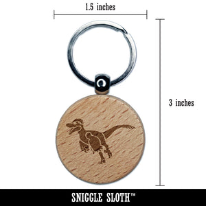 Velociraptor Dinosaur Running Engraved Wood Round Keychain Tag Charm