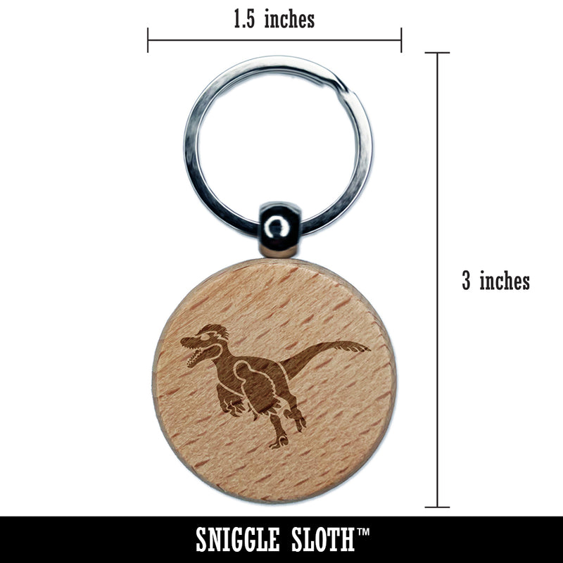 Velociraptor Dinosaur Running Engraved Wood Round Keychain Tag Charm