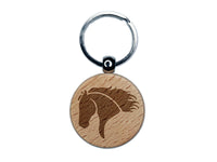 Wild Horse Head Mane Blowing Engraved Wood Round Keychain Tag Charm