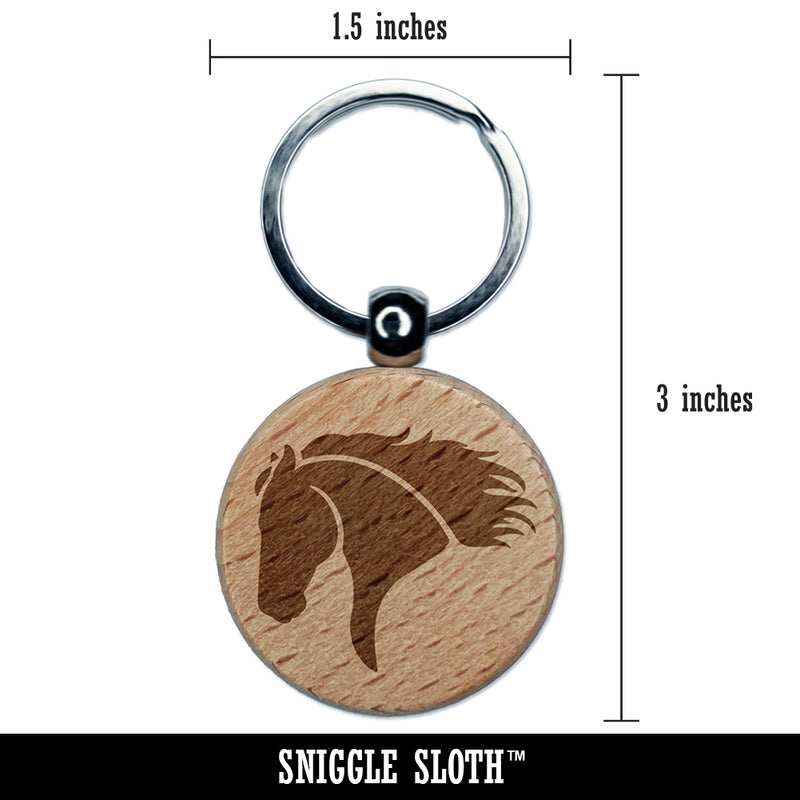 Wild Horse Head Mane Blowing Engraved Wood Round Keychain Tag Charm