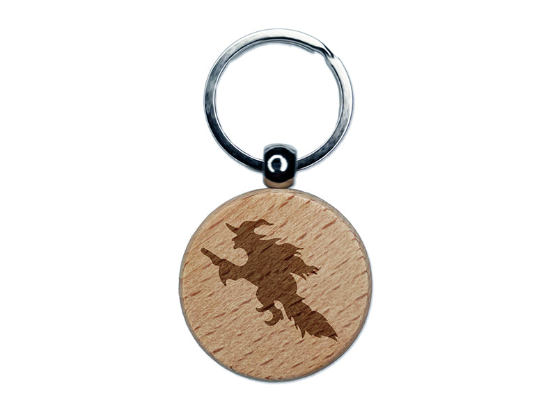 Witch Flying on a Broomstick Halloween Engraved Wood Round Keychain Tag Charm