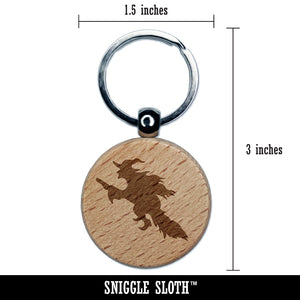 Witch Flying on a Broomstick Halloween Engraved Wood Round Keychain Tag Charm