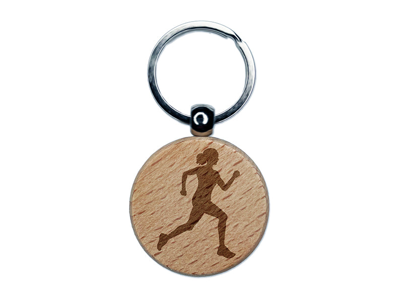 Woman Running Marathon Cardio Exercise Engraved Wood Round Keychain Tag Charm