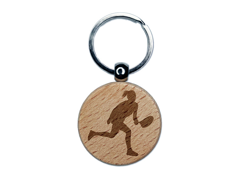 Woman Tennis Player Sports Engraved Wood Round Keychain Tag Charm