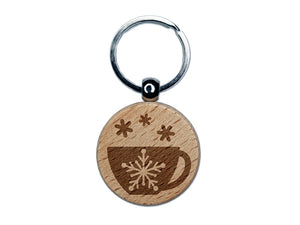 Tea Coffee Cup Snowflake Details Winter Engraved Wood Round Keychain Tag Charm