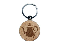 Antique Vintage Tea Pot Kettle Engraved Wood Round Keychain Tag Charm