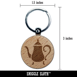 Antique Vintage Tea Pot Kettle Engraved Wood Round Keychain Tag Charm