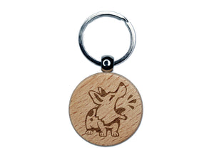Barking Spotted Dog Corgi Engraved Wood Round Keychain Tag Charm