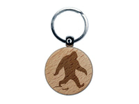 Bigfoot Sasquatch Walking with Footprint Trail Engraved Wood Round Keychain Tag Charm