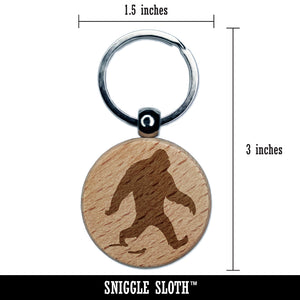 Bigfoot Sasquatch Walking with Footprint Trail Engraved Wood Round Keychain Tag Charm