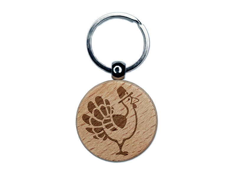 Cartoon Thanksgiving Turkey with Pilgrim Hat Engraved Wood Round Keychain Tag Charm