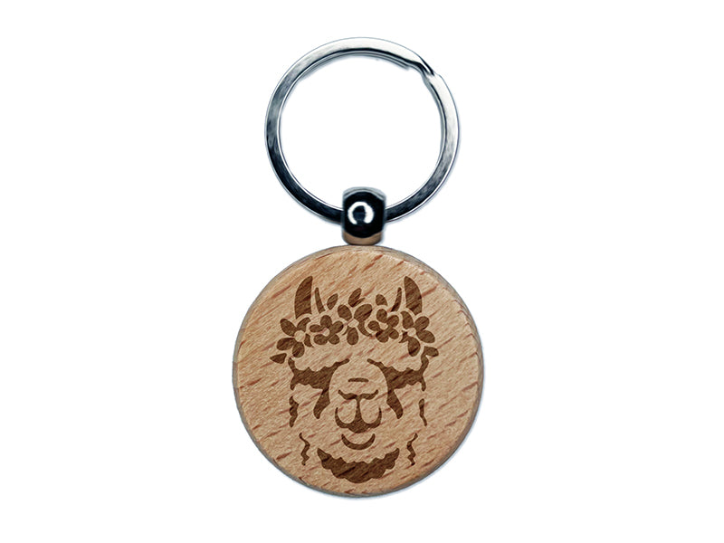 Flower Crown Llama Head Engraved Wood Round Keychain Tag Charm